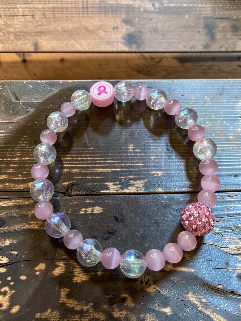 Pink Ribbon Breast Cancer Awareness Beaded Stretch Bracelet with Rhinestone Ball